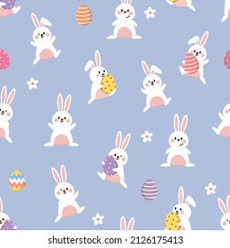 Happy bunny and Easter eggs seamless pattern. Rabbit cartoon character set. Animal wildlife vector. Spring season background.