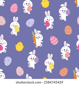 Happy bunny and Easter eggs seamless pattern. Rabbit cartoon character set. Animal wildlife vector. Spring season background.
