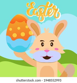 Happy bunny and egg hunter for Easter  DAy Celebration Poster Design with Printed Eggs and Cartoon Bunny on yellow Background.