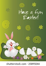 happy bunny and egg shell isolated on green
