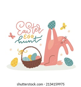 Happy bunny finds egg for Easter Day Celebration. Poster or banner Design with busket of Eggs and cute Bunny with lettering text - Easter egg hunt. Flat hand drawn vector illustration.