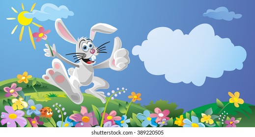 Happy bunny with flower running and jumping. Nature field with green grass,  meadow and water drops dew on leaves. Summer sunny landscape. Vector flat illustration.