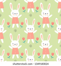 Happy bunny with flowers, children’s seamless pattern. Sketch for wrapping paper with cute rabbits. 