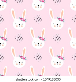 Happy bunny with flowers, children’s seamless pattern. Sketch for wrapping paper with cute rabbits. 