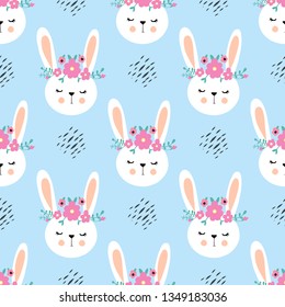 Happy bunny with flowers, children’s seamless pattern. Sketch for wrapping paper with cute rabbits. 