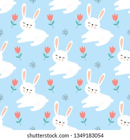 Happy bunny with flowers, children’s seamless pattern. Sketch for wrapping paper with cute rabbits. 