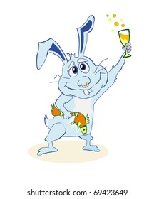 Happy Bunny. Hare holding a glass of champagne and fish skeleton. Holiday card. Happy Birthday. Funny character. Vector.