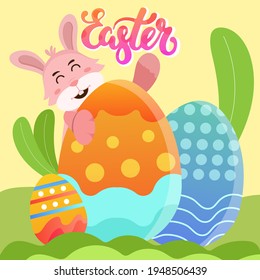 Happy bunny hiding behind egg for Easter  Day Celebration Poster Design with Printed Eggs and Cartoon Bunny on yellow Background.