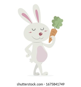 Happy bunny holding carrot vector illustration isolated on white background. Rabbit and carrot vector cartoon. 