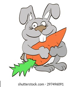 happy bunny holding in the paws of a large carrot