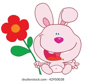 Happy bunny holds flower