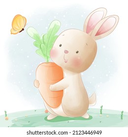 Happy bunny hugging a carrot