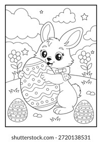 Happy bunny hugging a decorated Easter egg, surrounded by smaller eggs, flowers, and clouds. Kids coloring book page with simple bold outlines and clean black-and-white line art.