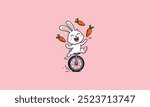 Happy bunny juggling carrots while riding a unicycle