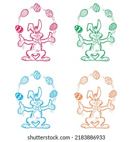 Happy Bunny Juggling Easter Eggs Vector illustration. Easter Bunny Juggler
