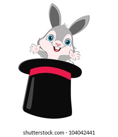 A happy bunny jumping out off a magicians hat. Cartoon character.