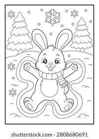 Happy Bunny Making a Snow Angel in a Winter Wonderland Coloring Page for Kids. Easy Printable Holiday Activity Sheet.