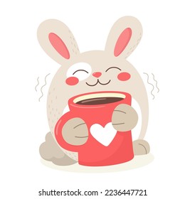 Happy Bunny With a mug of coffee or hot chocolate. Cartoon character, vector illustration.