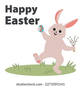 Happy bunny with painted egg. Easter greeting card. Vector illustration