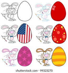 Happy Bunny Painting An Easter Egg Different Colors. Vector Collection