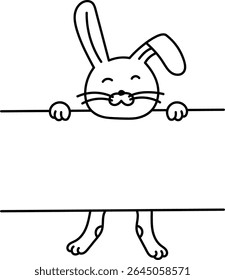 Um coelho feliz espreita sobre um sinal em branco em um estilo de desenho de linha limpa. A expressão lúdica do coelho adiciona charme ao tabuleiro vazio. Ilustração de vetor de desenhos animados.