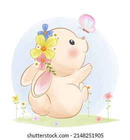 Happy bunny playing with a butterfly, animal cartoon illustration