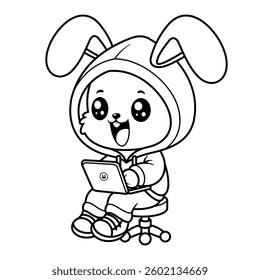 Happy bunny playing laptop, for coloring