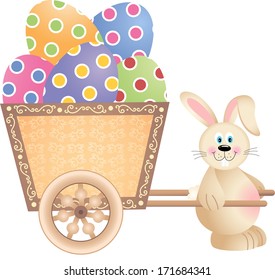 Happy Bunny Pushing Cart Full of Easter Eggs 