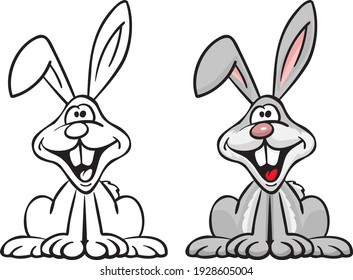 Happy Bunny Rabbit Cartoon in Color and Black Line Art Isolated Vector Illustration