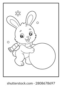 Happy Bunny Rolling a Giant Snowball Coloring Page for Kids. Easy Printable Winter Activity Sheet.