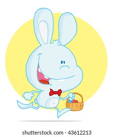 Happy bunny running with easter eggs in a basket