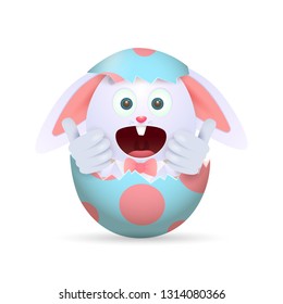 Happy bunny sitting in Easter egg. Joyful little rabbit hiding in cracked egg and showing thumbs-up. Can be used for topics like holiday, culture, tradition