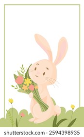 Happy bunny with a spring bouquet of flowers. Postcard, poster Happy Easter, Happy Birthday. Vector illustration