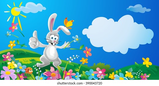 Happy bunny throwing flowers. Nature field with green grass, at meadow and water drops dew on leaves. Summer sunny landscape. Vector flat illustration.