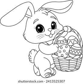 Happy bunny walking with a basket of eggs coloring page