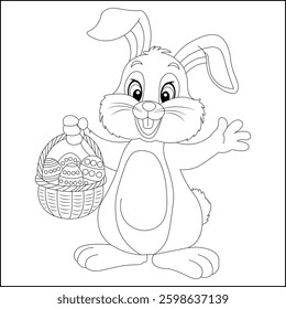 Happy bunny walking with a basket of eggs coloring page for kids
