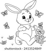 Happy bunny walking with buterflies background coloring page
