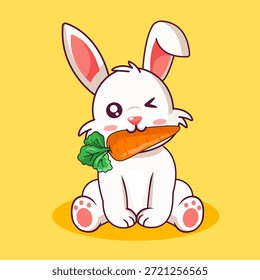 Happy Bunny Winking Enquanto Desfrutando de uma cenoura Snack Vetor Ilustração Desenho Animado Design Kawaii