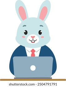 Happy bunny working on laptop. A cute cartoon rabbit wearing a suit and tie is working on a laptop. He looks happy and focused on his work.