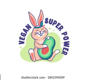 El feliz conejito con aguacate. Conejo caricaturizado con una frase escrita - Vegan super power. Bueno para camisetas, diseños de tela, pegatinas, anuncios, etc. Esta es una ilustración vectorial