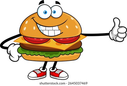 Happy Burger Cartoon Character Giving Thumbs Up – Vector Hand Drawn Illustration Isolated On Transparent Background