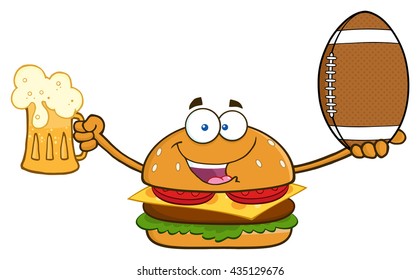 Happy Burger Cartoon Mascot Character Holding A Beer And American Football Ball. Vector Illustration Isolated On White Background