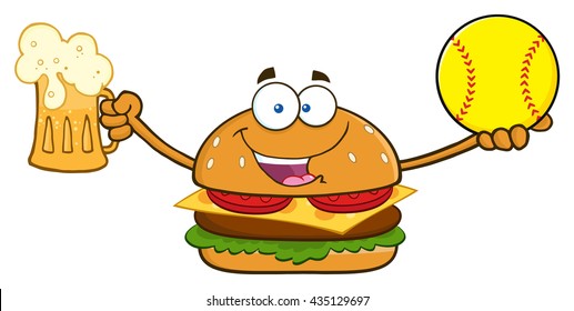 Happy Burger Cartoon Mascot Character Holding A Beer And SoftBall. Vector Illustration Isolated On White Background