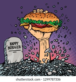 happy Burger  fast food zombie in the grave  Comic cartoon pop art retro vector illustration hand drawing
