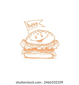 happy burger hand drawn, vector image