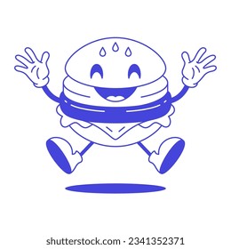 Happy burger jumping emoticon cartoon character retro 30s animation style line art icon vector illustration. Funny cheeseburger fast food smile cheerful comic mascot minimalist hand drawn sketch logo