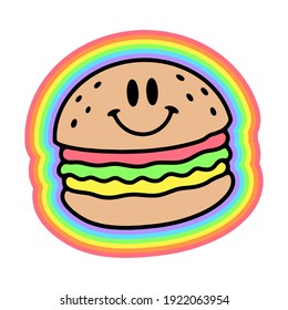 HAPPY BURGER RAINBOW TRIPPY BADGE COLOR WHITE BACKGROUND