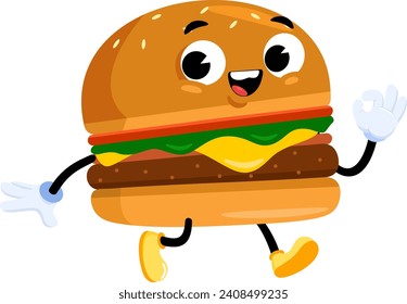 Happy Burger Retro Cartoon Character. Vector Illustration Flat Design Isolated On Transparent Background
