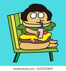 Happy Burger Woman On Vacation Concept Cartoon Character illustration