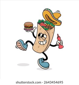 Happy Burrito Character Holding Burger and Sauce, Sombrero and Fast Food Elements